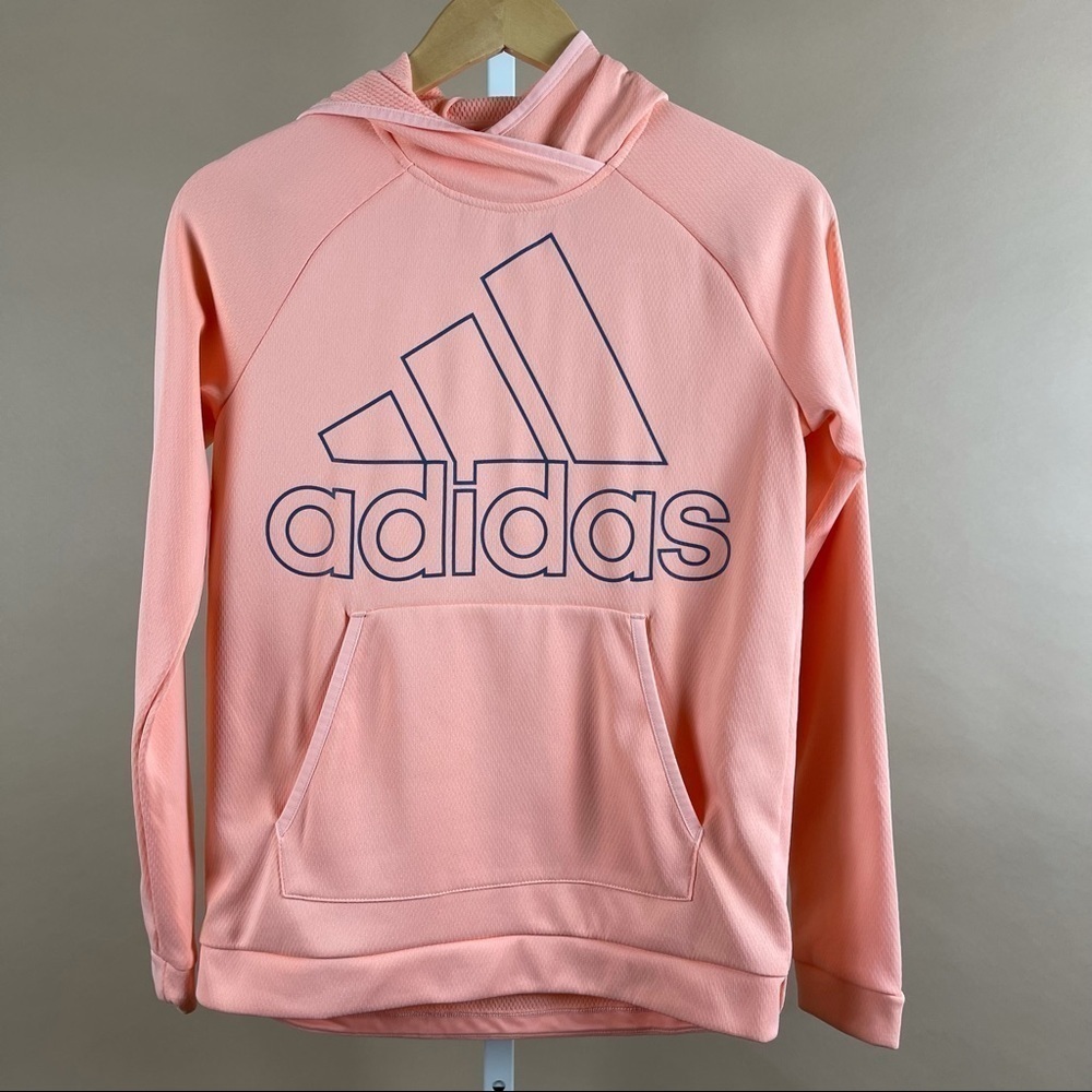 Adidas XS Pastel Coral Logo Hoodie Sweatshirt Spring Beach Sporty Casual